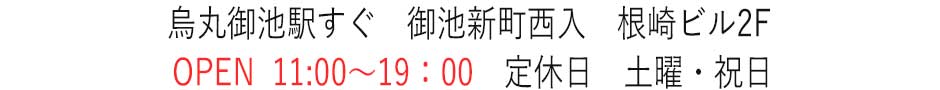 烏丸尾池駅すぐ　根崎ビル2F　OPEN11:00～19：00　定休日　土曜・祝日